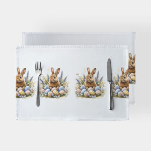 Podkładki na stole z wzorem zająca i pastelowymi pisankami widok z góry