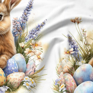 Zbliżenie na akwarelowe pisanki i delikatne kwiaty przy zającu