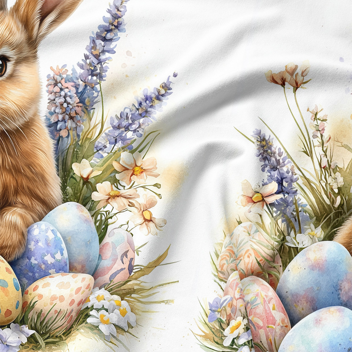 Zbliżenie na akwarelowe pisanki i delikatne kwiaty przy zającu