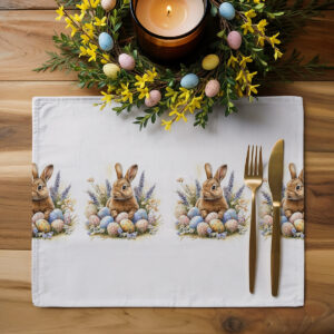 Podkładka ułożona na drewnianym stole obok wiosennego wianka i świecy