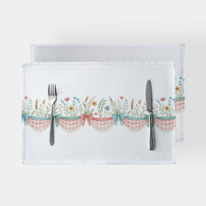 Białe podkładki z dekoracyjnym pasmem w kratkę, kokardami i polnymi kwiatami, widok z góry z sztućcami