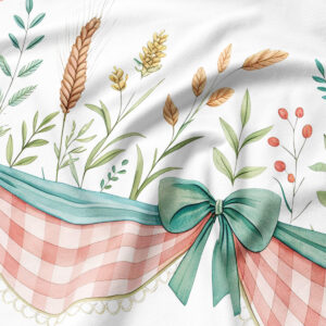 Zbliżenie detalu tkaniny z miętową kokardą, różową kratką i malowanymi kłosami oraz liśćmi