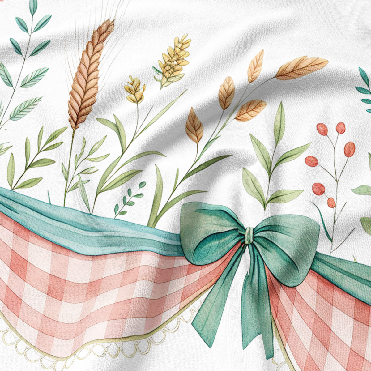 Zbliżenie detalu tkaniny z miętową kokardą, różową kratką i malowanymi kłosami oraz liśćmi