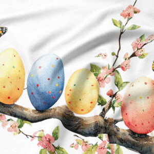 zbliżenie na akwarelowe jajka w pastelowych kolorach i detale kwitnących pąków na tkaninie