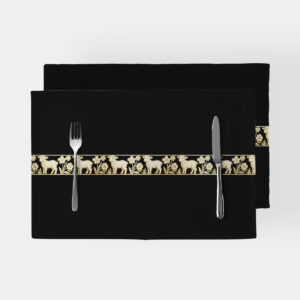 czarne podkładki stołowe z poziomym złotym paskiem z barankami i kwiatami na białym tle