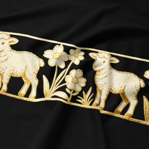 zbliżenie detalu złotych baranków i kwiatów na czarnej tkaninie podkładki