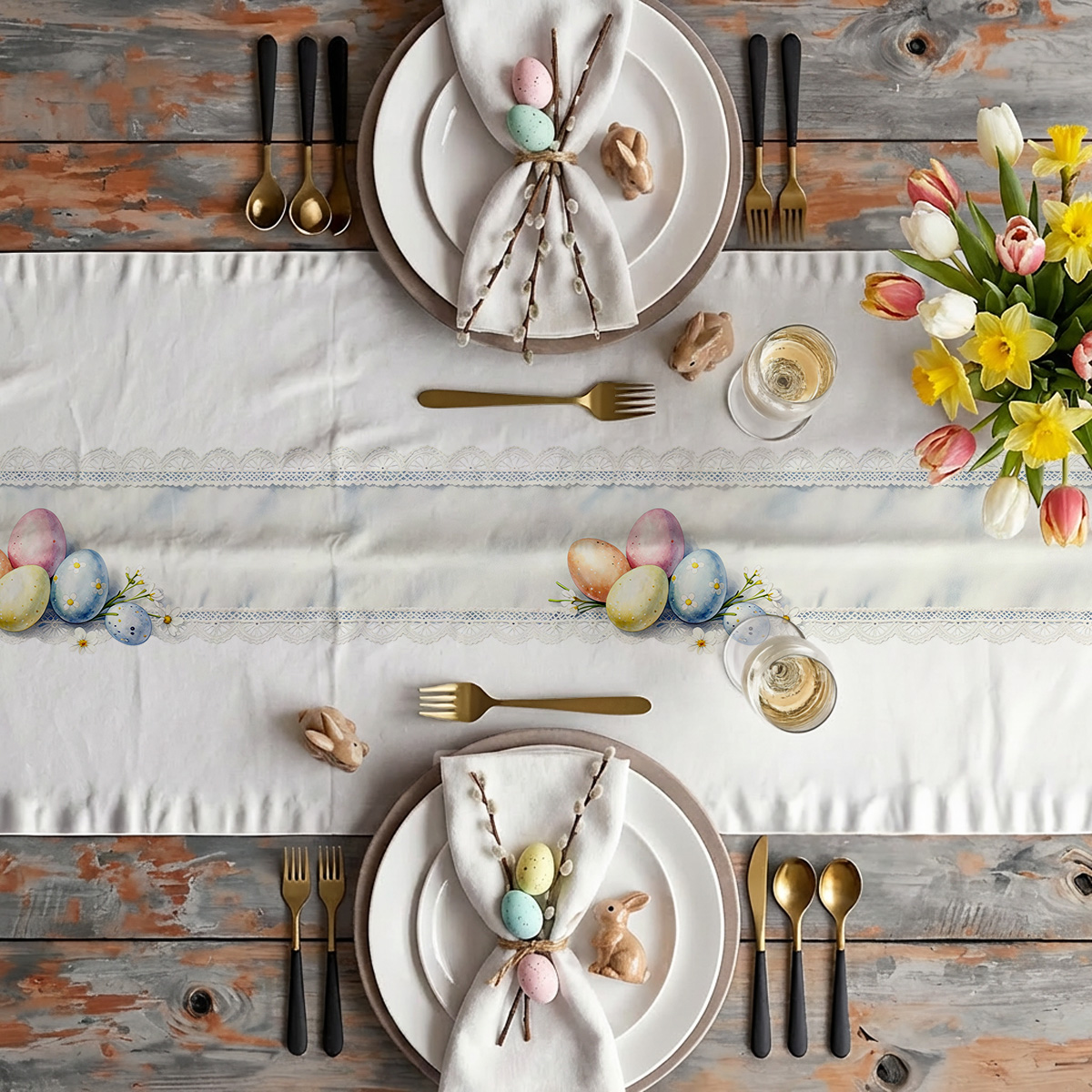 Aranżacja świątecznego stołu z bieżnikiem, talerzami i wiosennymi dekoracjami