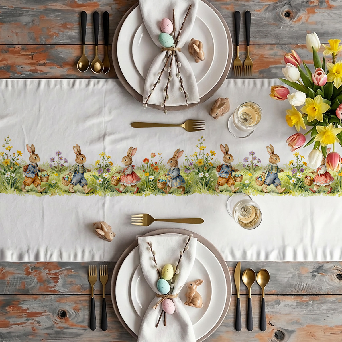 aranżacja stołu ze świątecznym bieżnikiem, talerzami, złotymi sztućcami i bukietem tulipanów