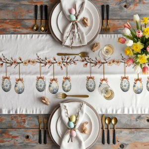 Aranżacja stołu ze świątecznym bieżnikiem, talerzami, złotymi sztućcami i bukietem tulipanów