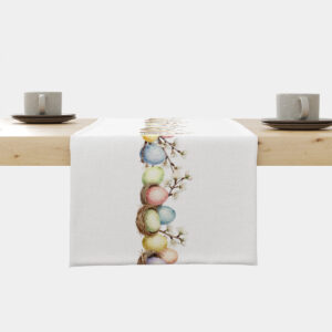 Główne ujęcie bieżnika z centralnym wzorem pastelowych pisanek i kwitnących gałązek na jasnym tle