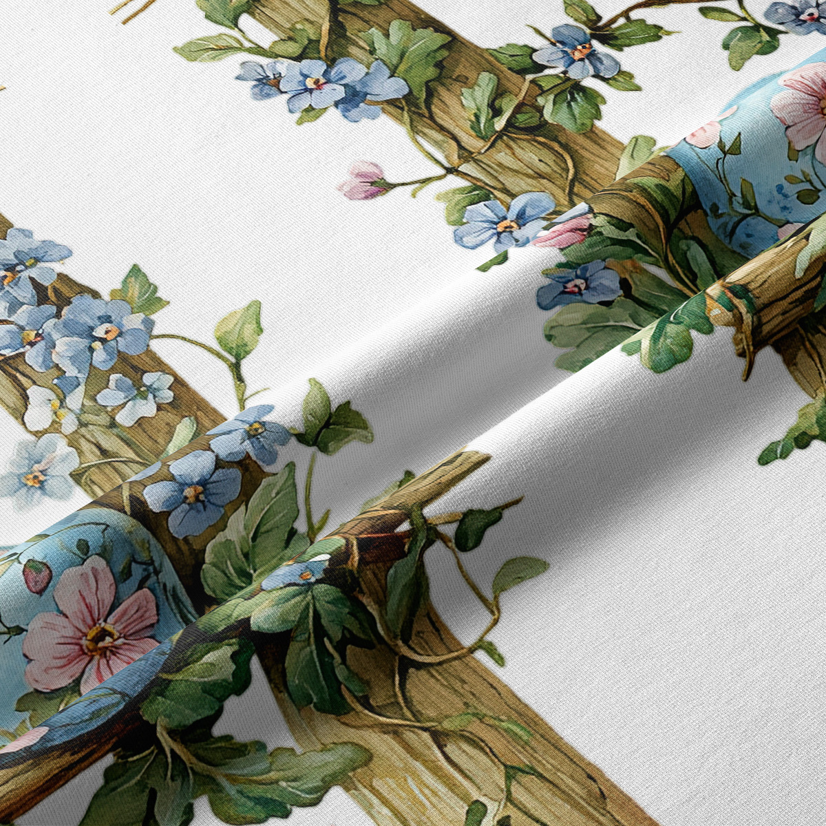 zbliżenie tkaniny z detalem plecionego płotka, kwiatów i malowanych pisanek