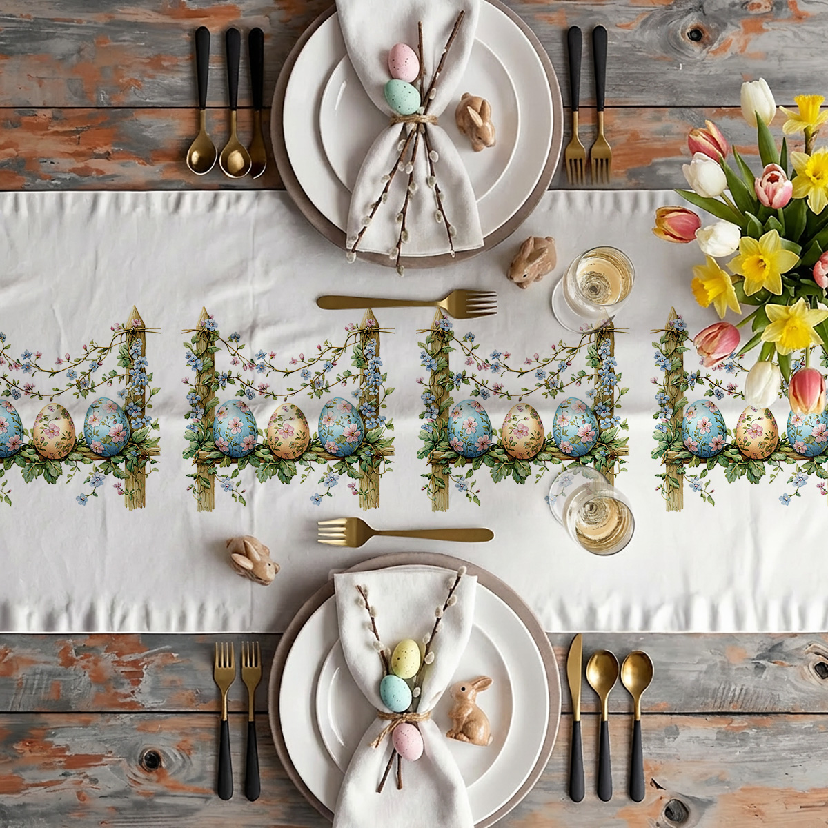 aranżacja stołu ze świątecznym bieżnikiem, talerzami, sztućcami i bukietem tulipanów