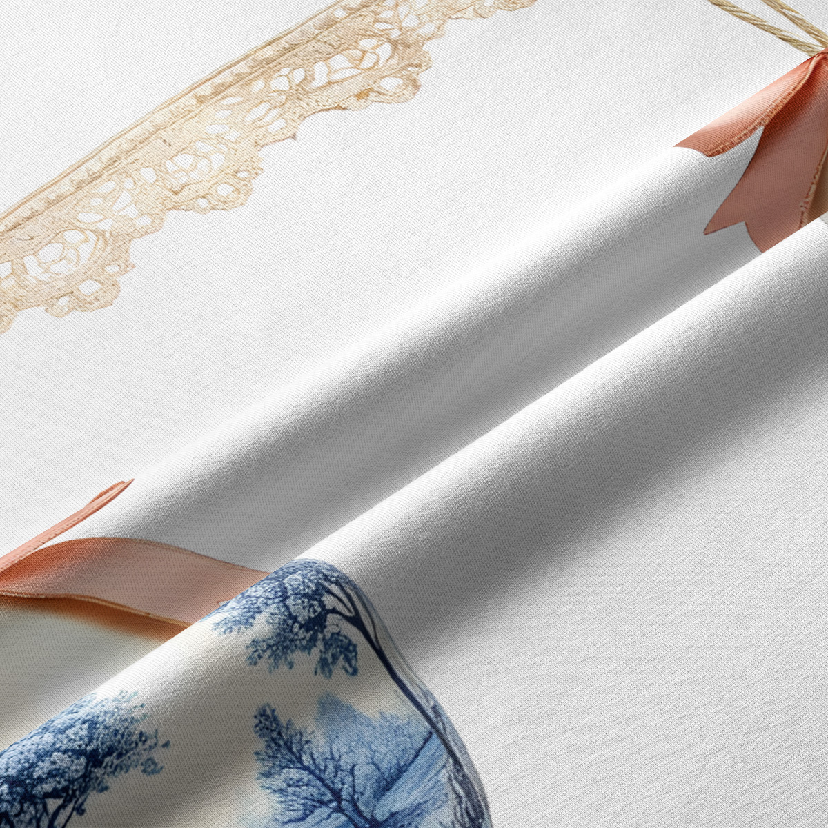 zbliżenie na koronkowy detal, różową kokardkę i fakturę tkaniny bieżnika