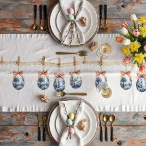 aranżacja stołu z bieżnikiem, zastawą, kwiatami i rzędem malowanych pisanek tworząca świąteczny nastrój