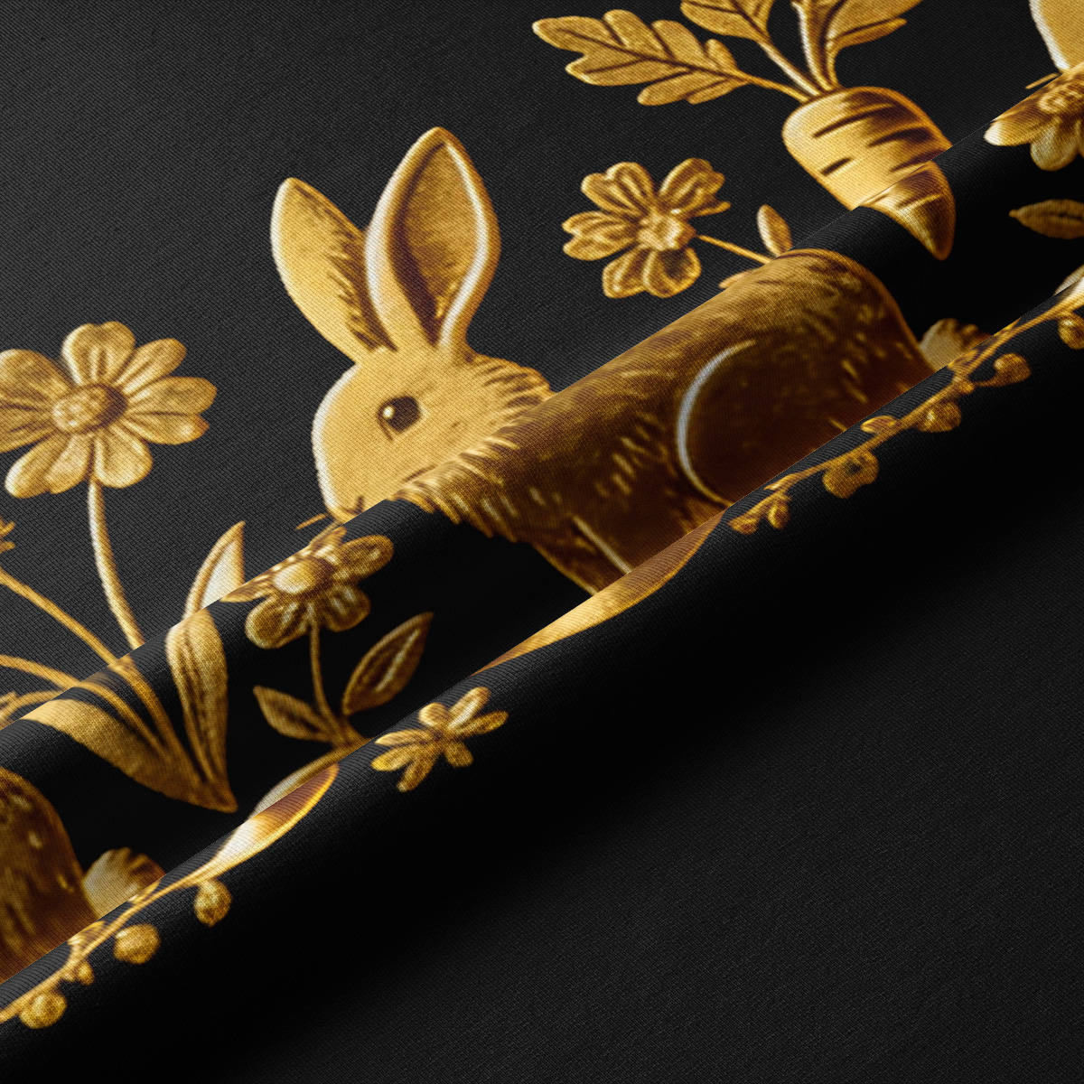 Detal tkaniny z złotym nadrukiem królika i marchewki na czarnym tle