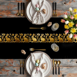 Aranżacja stołu z bieżnikiem, świąteczne dekoracje i bukiet tulipanów