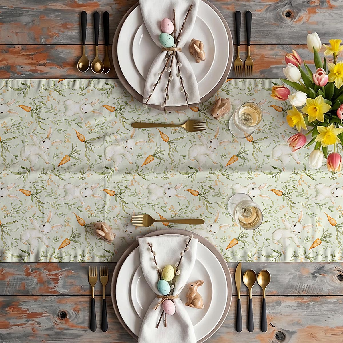 Aranżacja świątecznego stołu z bieżnikiem, kwiatami i nakryciami w wiosennej stylizacji