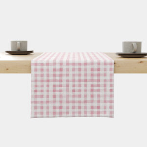Bieżnik na stole z delikatną różową kratką widok z przodu, główne ujęcie produktu