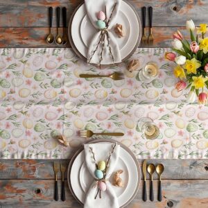 Aranżacja stołu z bieżnikiem, zastawą i wielkanocnymi dekoracjami