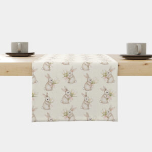 bieżnik na stole z powtarzającym się wzorem zajączków trzymających bukiety tulipanów