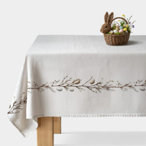 obrus z motywem bazi i pisanek na jasnym stole, widok główny