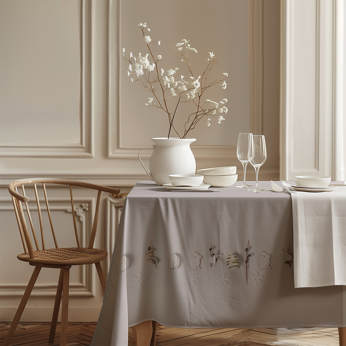 Elegancka stylizacja jadalni z pastelowym obrusem, dzbankiem i porcelaną