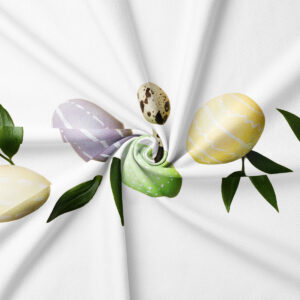 Zbliżenie na detale nadruku: żółte, miętowe i fioletowe pisanki oraz liście