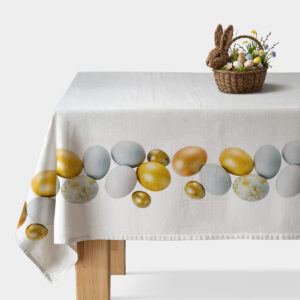 główne ujęcie obrus z motywem malowanych pisanek i złotych akcentów na jasnym tle