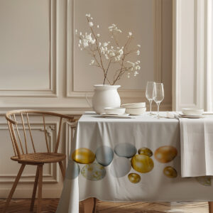 elegancka jadalnia z obrusm ozdobionym pasem malowanych jaj i subtelnych dekoracji