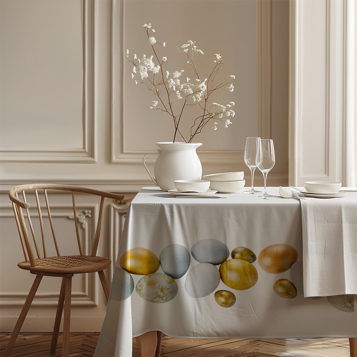 elegancka jadalnia z obrusm ozdobionym pasem malowanych jaj i subtelnych dekoracji