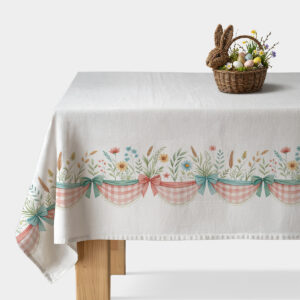 Obrus z delikatnym wzorem kokard, kratką i polnymi kwiatami na białym tle — widok całości