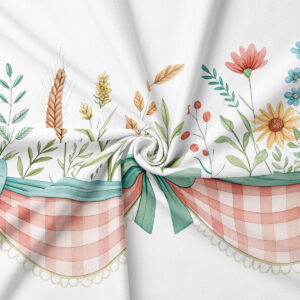Zbliżenie na pastelowe kokardy, kratkę i motywy polnych kwiatów oraz detale nadruku