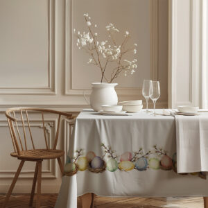 Narożnik stołu z ozdobnym brzegiem pisanek, stylowa jadalnia w subtelnym wnętrzu