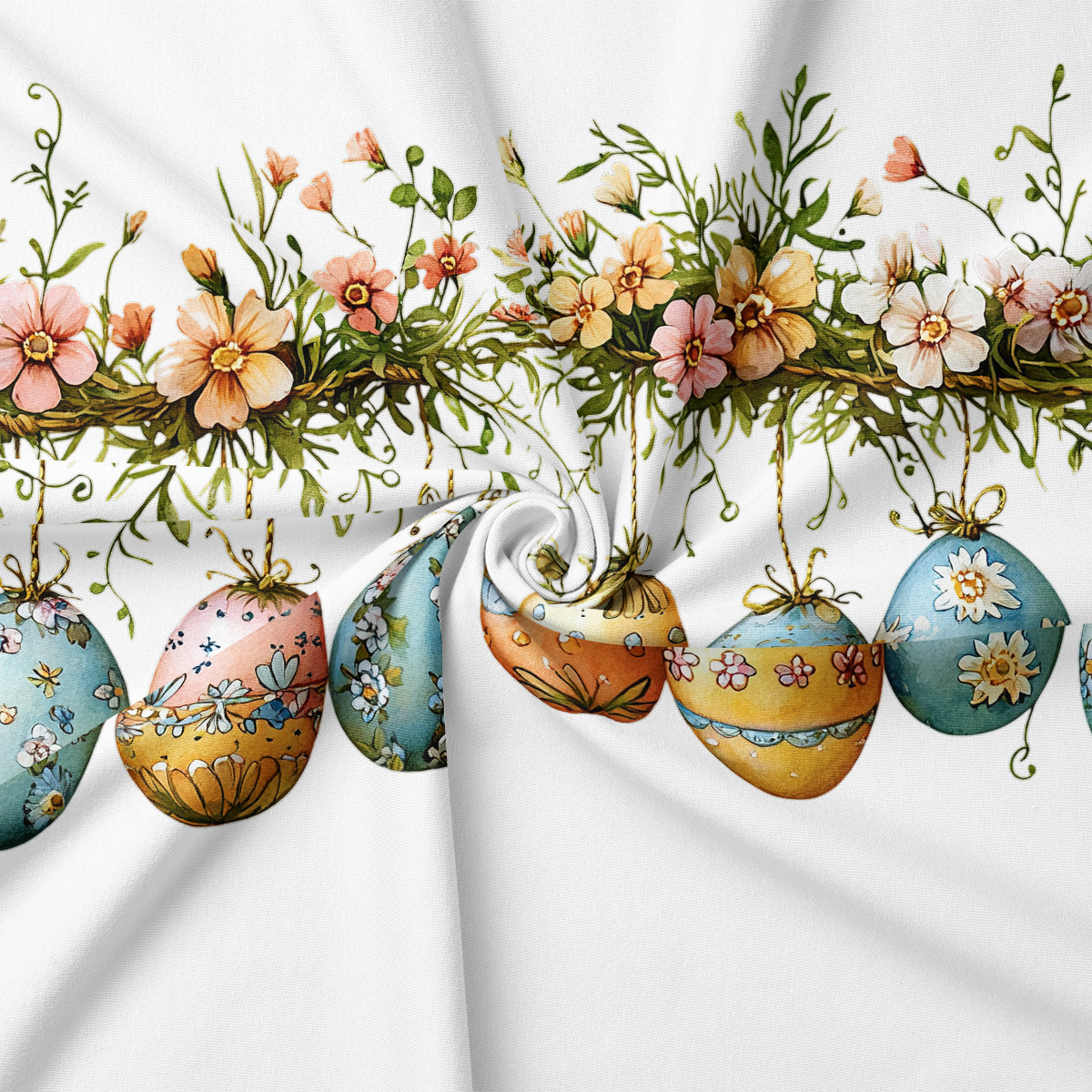 zbliżenie na detale wzoru: pastelowe pisanki zawieszone pod misterną kwiatową girlandą
