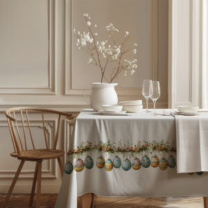 widok narożnika stołu z obrusie pokazujący wzór pisanek i strukturę tkaniny