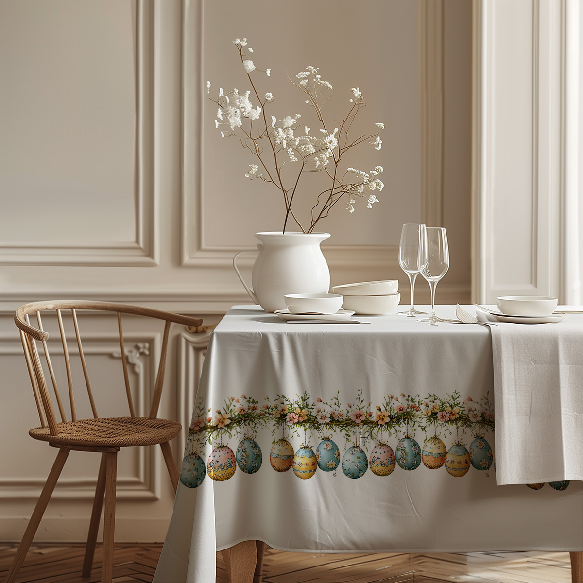 widok narożnika stołu z obrusie pokazujący wzór pisanek i strukturę tkaniny
