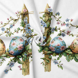 detal wzoru z kolorowymi pisankami, drobnymi kwiatami i wijącymi się gałązkami