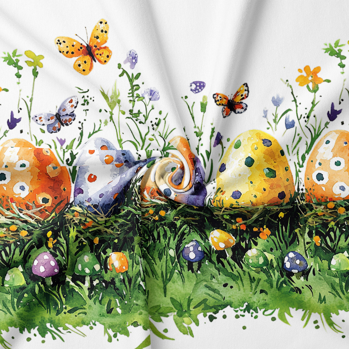 Zbliżenie na wzór: kolorowe pisanki, trawa i drobne kwiaty