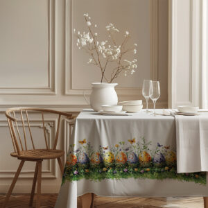 Narożnik stołu z obrusm ozdobionym pisankami i drobnymi motylami