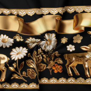 detal wzoru: złote baranki, stokrotki i dekoracyjna wstęga na czarnym tle