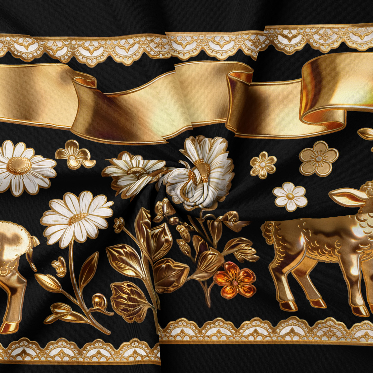 detal wzoru: złote baranki, stokrotki i dekoracyjna wstęga na czarnym tle