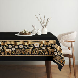 aranżacja stołu ze świątecznym obrusem i prostą, naturalną dekoracją