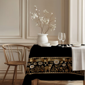 zbliżenie na złote liście, kwiaty i ozdobną wstęgę w bordiurze obrusu