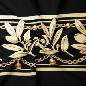 Zbliżenie na złote liście i łańcuszki na czarnym tle, detal tkaniny