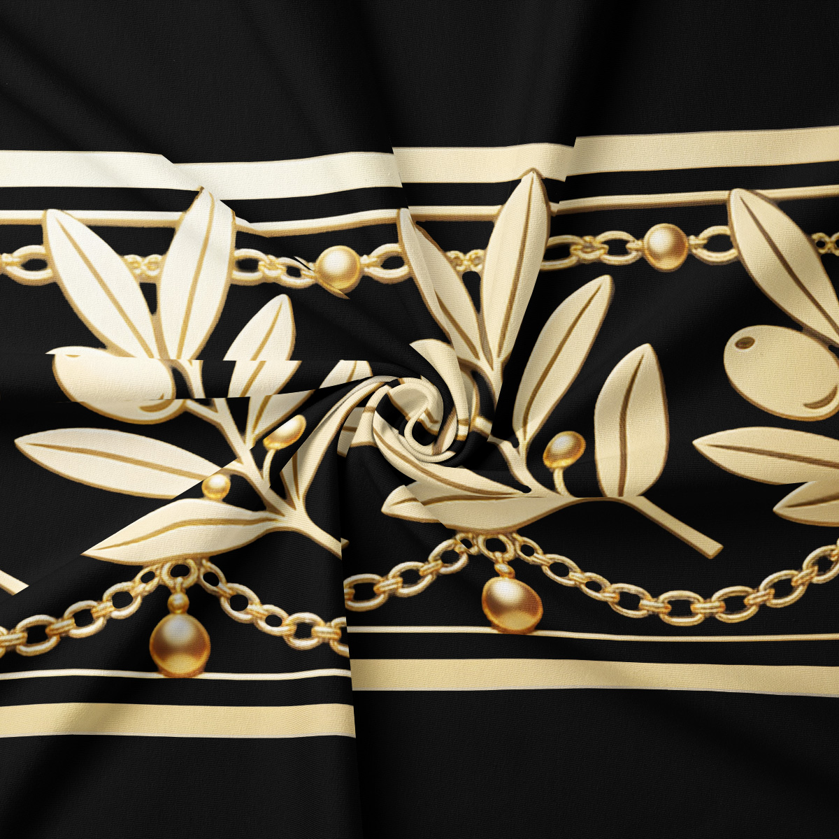 Zbliżenie na złote liście i łańcuszki na czarnym tle, detal tkaniny