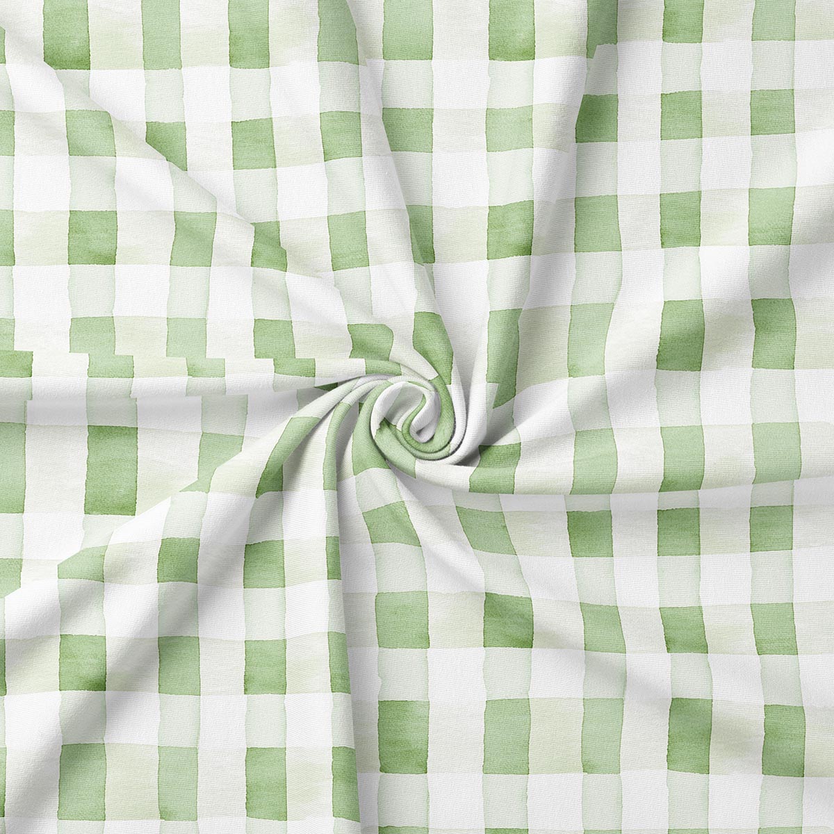 zbliżenie na tkaninę z miętową kratką, widoczna akwarelowa faktura i splot materiału
