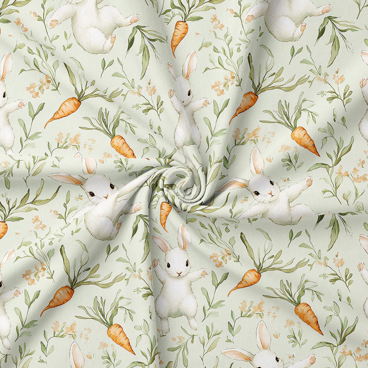 Zbliżenie na wzór obrus z białymi zajączkami i pomarańczowymi marchewkami na miętowym tle