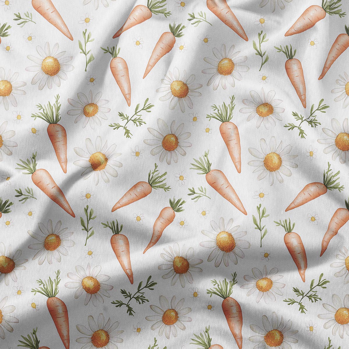 detal tkaniny z rysunkowymi marchewkami i stokrotkami, zbliżenie na wzór