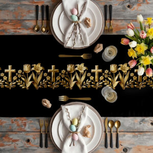 Aranżacja stołu ze świątecznym bieżnikiem, talerze, sztućce i wiosenne dekoracje