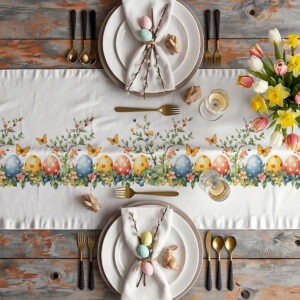 Widok z góry na udekorowany stół ze świątecznym bieżnikiem, zastawą i wiosennymi kwiatami